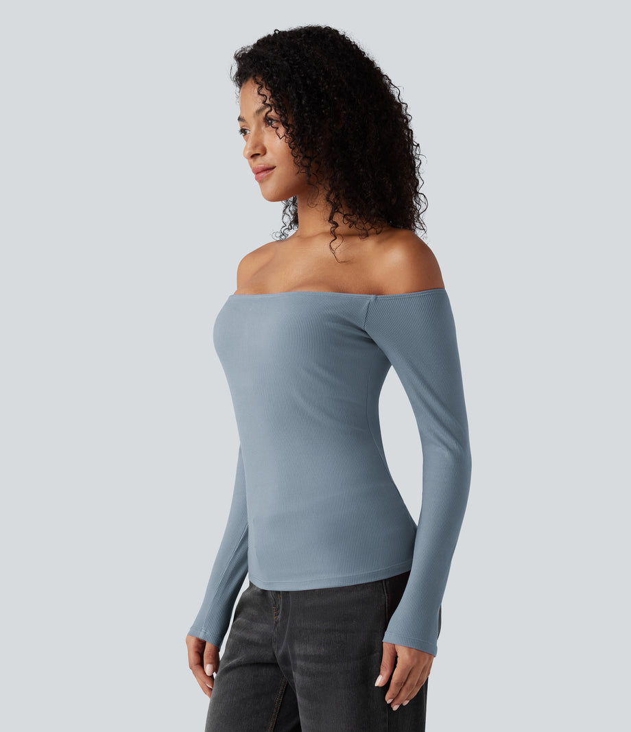 Ribbed Knit Off Shoulder Long Sleeve 2-in-1 Casual Top - Dusty Blue