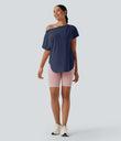 One Shoulder Short Sleeve Curved Hem High Low Quick Dry Yoga Sports Top - Mood Indigo