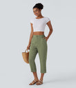 High Waisted Zipper Pocket Cropped Linen-Feel Pants - Catkin Green