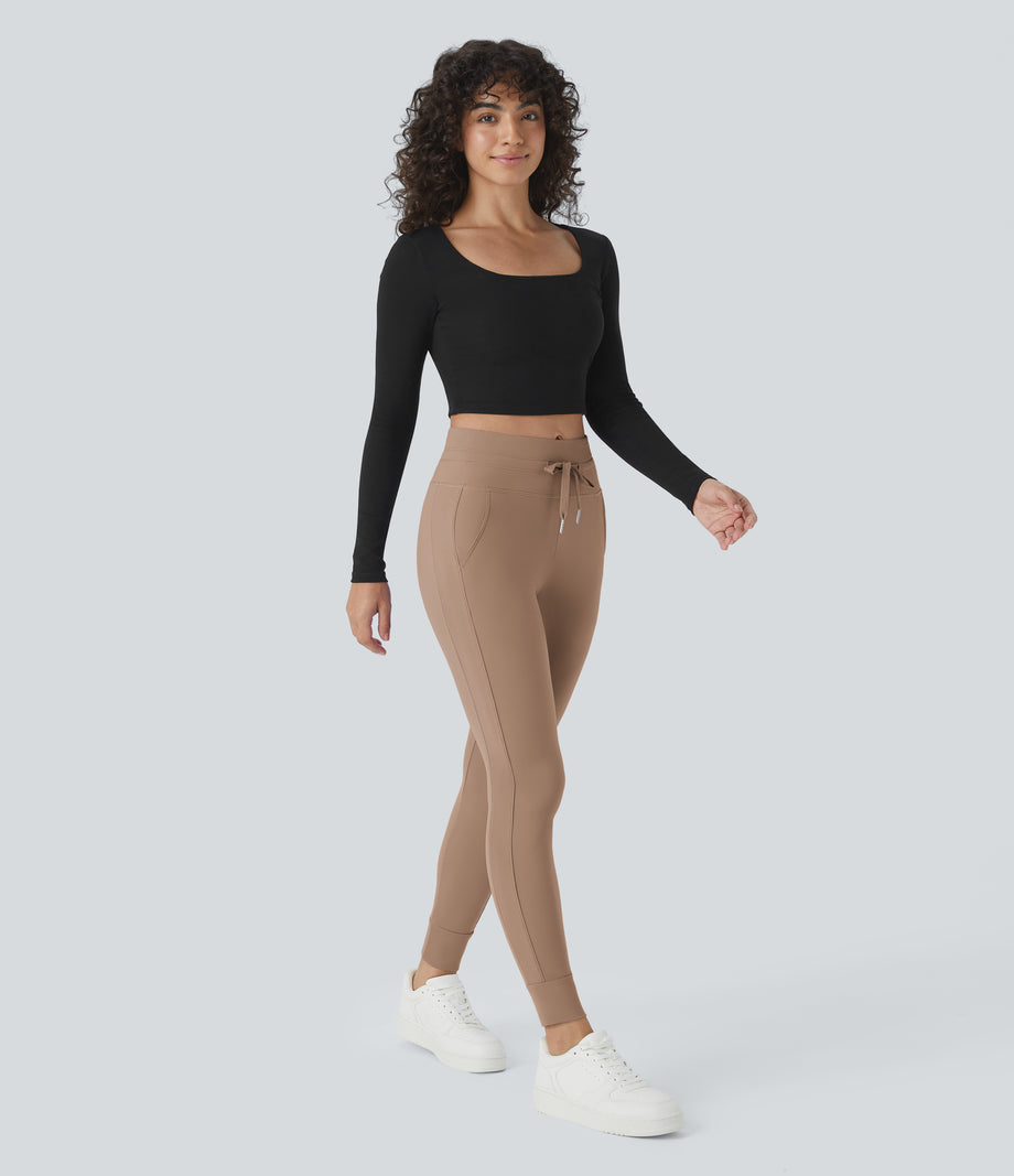 SoftlyZero™ Plush High Waisted Drawstring Pocket Plain Full Length Joggers - Beaver Fur