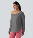 One Shoulder Long Sleeve Thumb Hole Curved Hem High Low Quick Dry Yoga Sports Top-Built-in Bra - Steel Gray