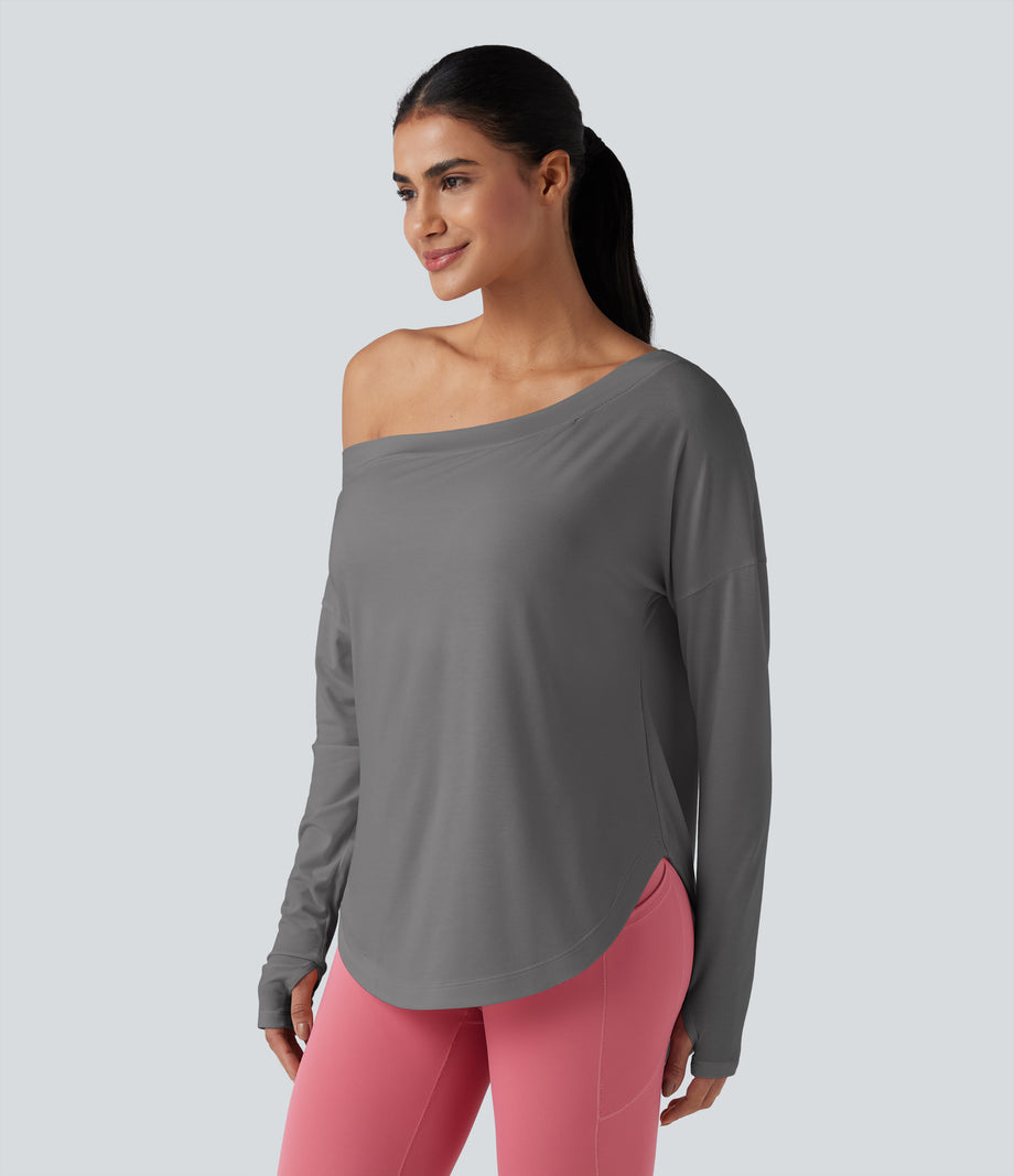 One Shoulder Long Sleeve Thumb Hole Curved Hem High Low Quick Dry Yoga Sports Top-Built-in Bra - Steel Gray