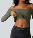 Ribbed Knit Off Shoulder Long Sleeve 2-in-1 Casual Top - Dusty Olive
