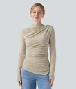 Mock-neck Long Sleeve Ruched Asymmetric Hem Thermal Casual Top - Brown Rice