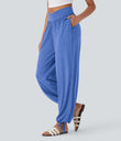 Crossover High Waisted Pocket Drawstring Casual Joggers - Sky Blue Floral Yarn