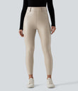 High Waisted Stretchy PU Fleece Casual Leggings with Pockets - French Oak