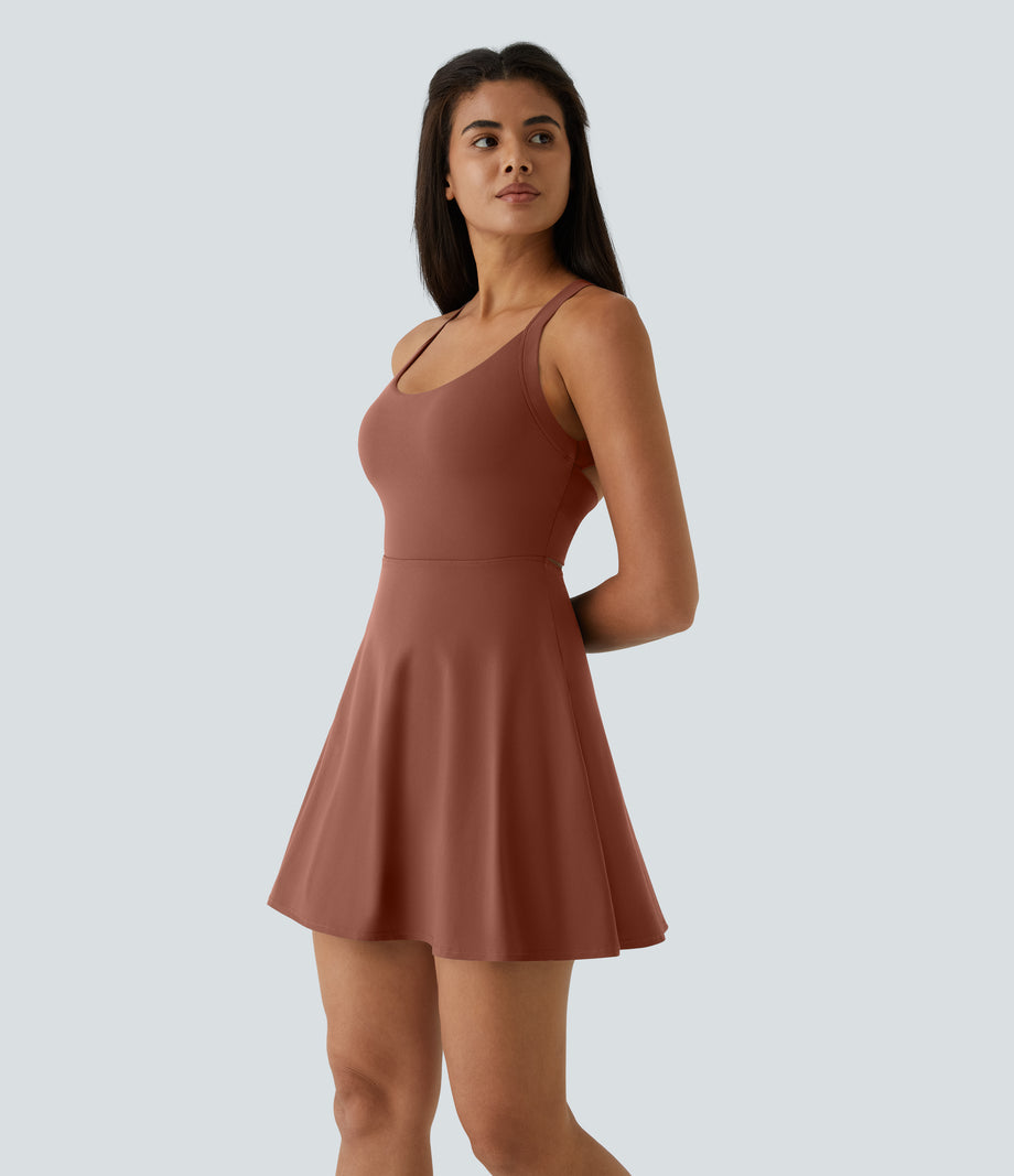 SoftlyZero™ Airy Backless Twisted Flare Low Support Dance Active Dress-Longer Length-Easy Peezy Edition A-D Cups - Sequoia