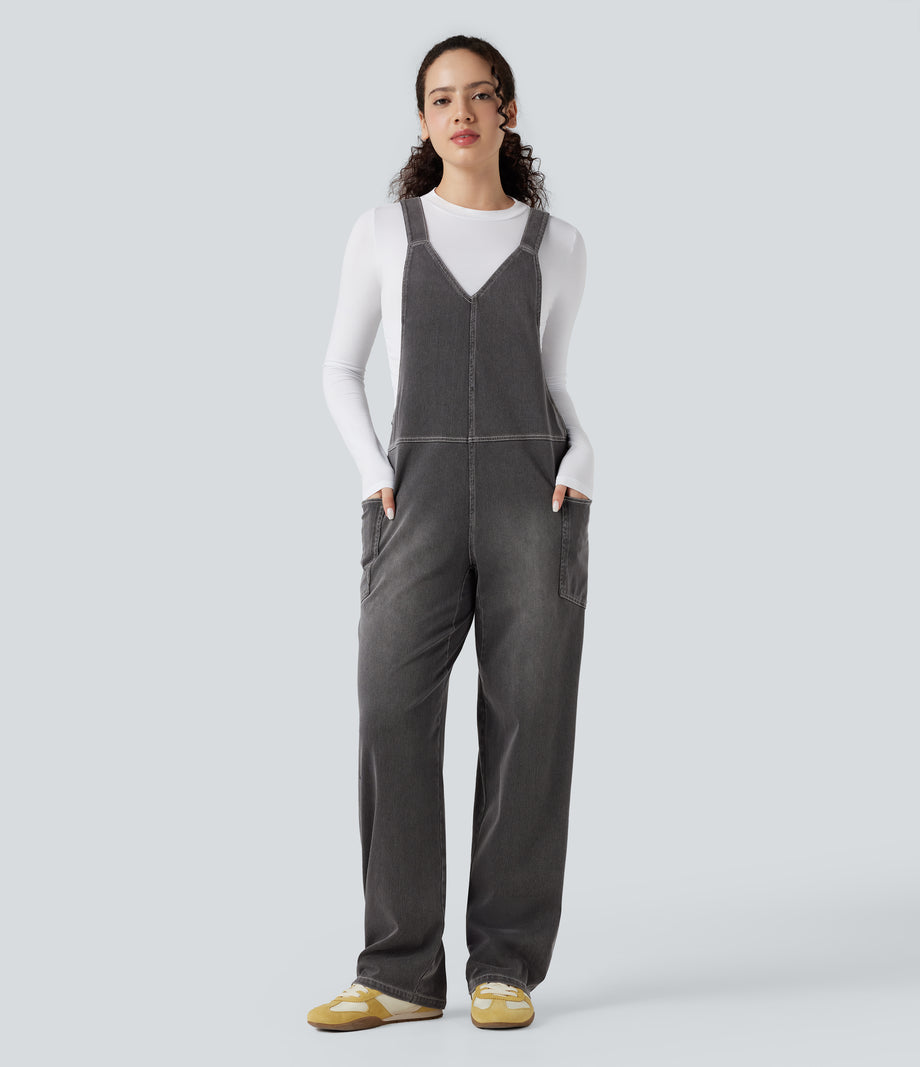 Halara Flex™ V Neck Pocket Washed Denim Casual Overalls - Cool Gray Denim