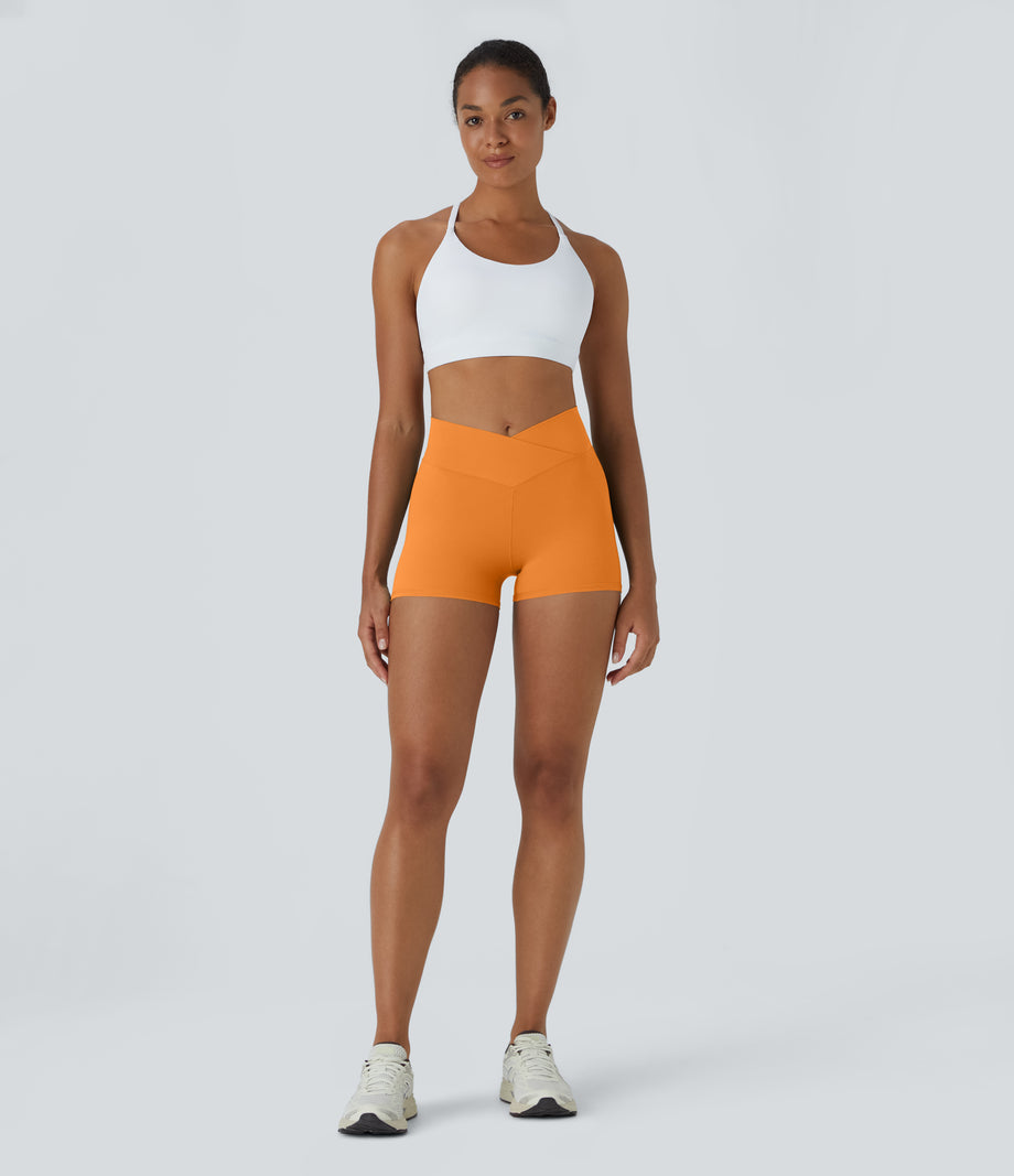 SoftlyZero™ High Waisted Crossover Plain Yoga Biker Shorts 3''-UPF50+ - Sunshine Orange