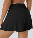 Frill High Waisted Elastic Waistband Drawstring Flowy Stacked Casual Shorts 3" - Black