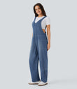 Halara Flex™ V Neck Pocket Washed Denim Casual Overalls - Light Floral Blue Denim