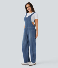 Halara Flex™ V Neck Pocket Washed Denim Casual Overalls - Light Floral Blue Denim