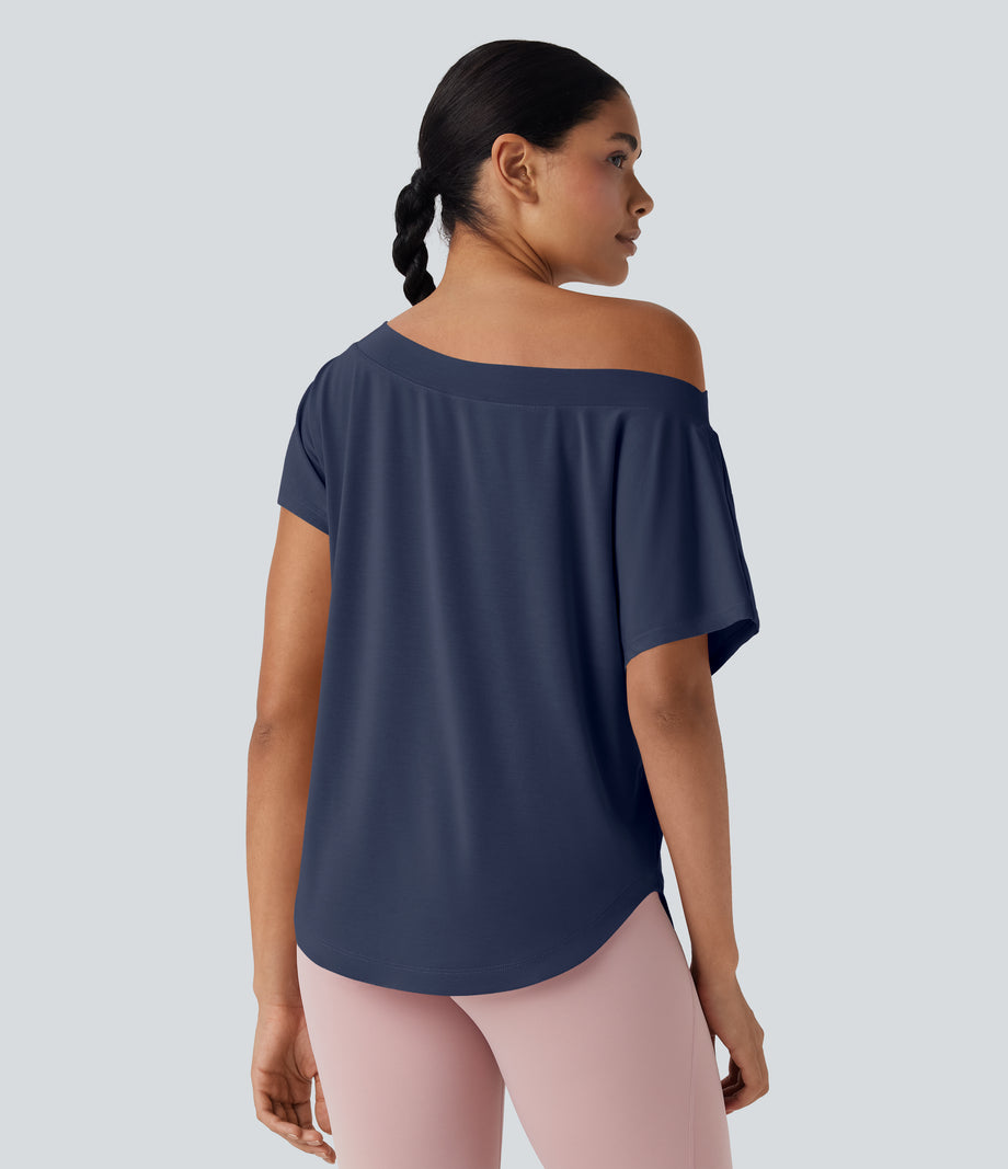 One Shoulder Short Sleeve Curved Hem High Low Quick Dry Yoga Sports Top - Mood Indigo