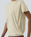 Round Neck Short Sleeve Ruched Cool Touch Yoga Sports Top-UPF50+ - Almond Milk