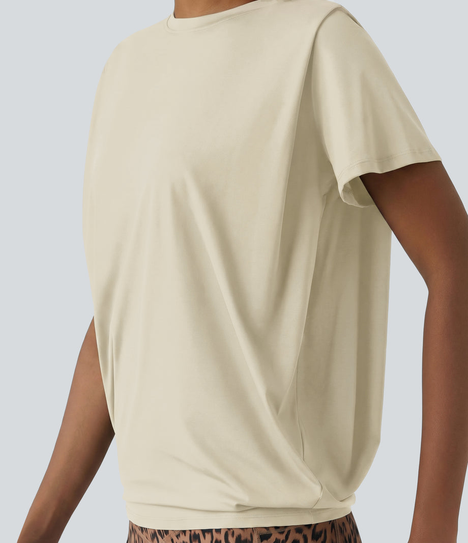 Round Neck Short Sleeve Ruched Cool Touch Yoga Sports Top-UPF50+ - Almond Milk