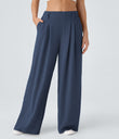 High Waisted Pocket Wide Leg Flowy Solid Palazzo Casual Linen-Feel Pants - Deep Secluded Blue