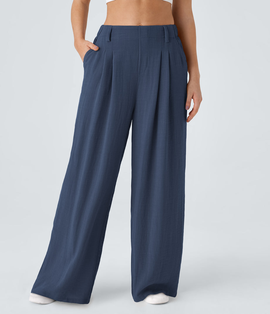 High Waisted Pocket Wide Leg Flowy Solid Palazzo Casual Linen-Feel Pants - Deep Secluded Blue
