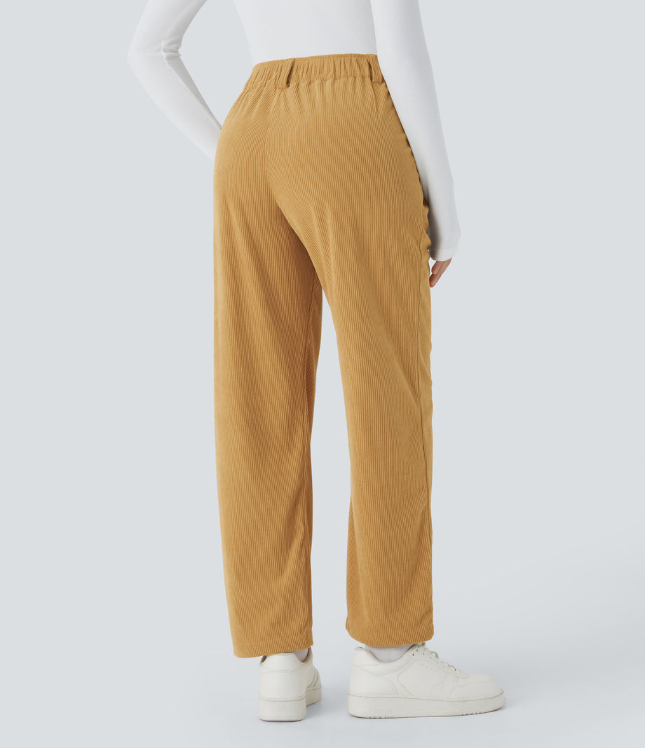 Mid Rise Zipper Pocket Corduroy Casual Pants - Amber Gold
