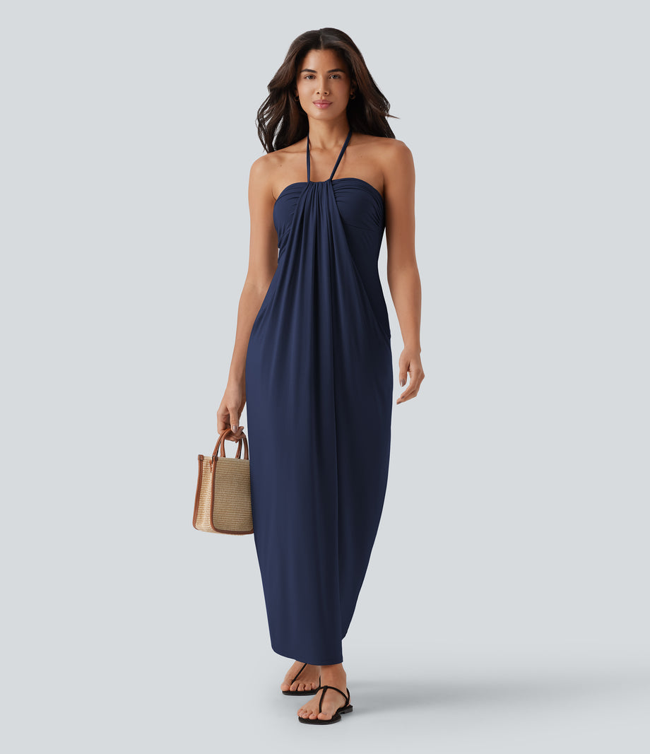 Halter Tie Back Maxi Dress with Pockets - Naval Academy