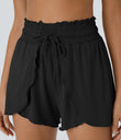 Frill High Waisted Elastic Waistband Drawstring Flowy Stacked Casual Shorts 3" - Black