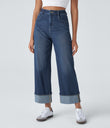 Halara Flex™ High Waisted Pockets Rolled Hem Wide Leg Washed Casual Jeans - Paint Blue Denim