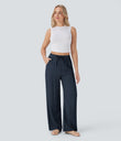 High Waisted Drawstring Pocket Wide Leg Baggy Casual Linen-Feel Pants - Dark Blue