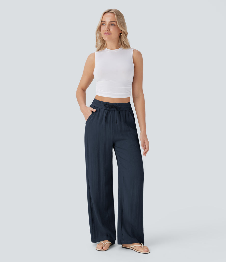 High Waisted Drawstring Pocket Wide Leg Baggy Casual Linen-Feel Pants - Dark Blue