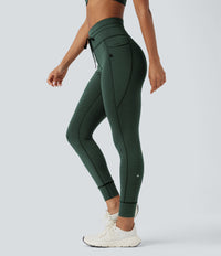 High Waisted Drawstring Striped Yoga Leggings with Pockets - Deep Pine Green