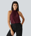 Keyhole Back Halter Sleeveless Curved Hem Work Blouse - Sangria