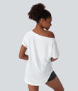 One Shoulder Short Sleeve Curved Hem High Low Quick Dry Yoga Sports Top - White