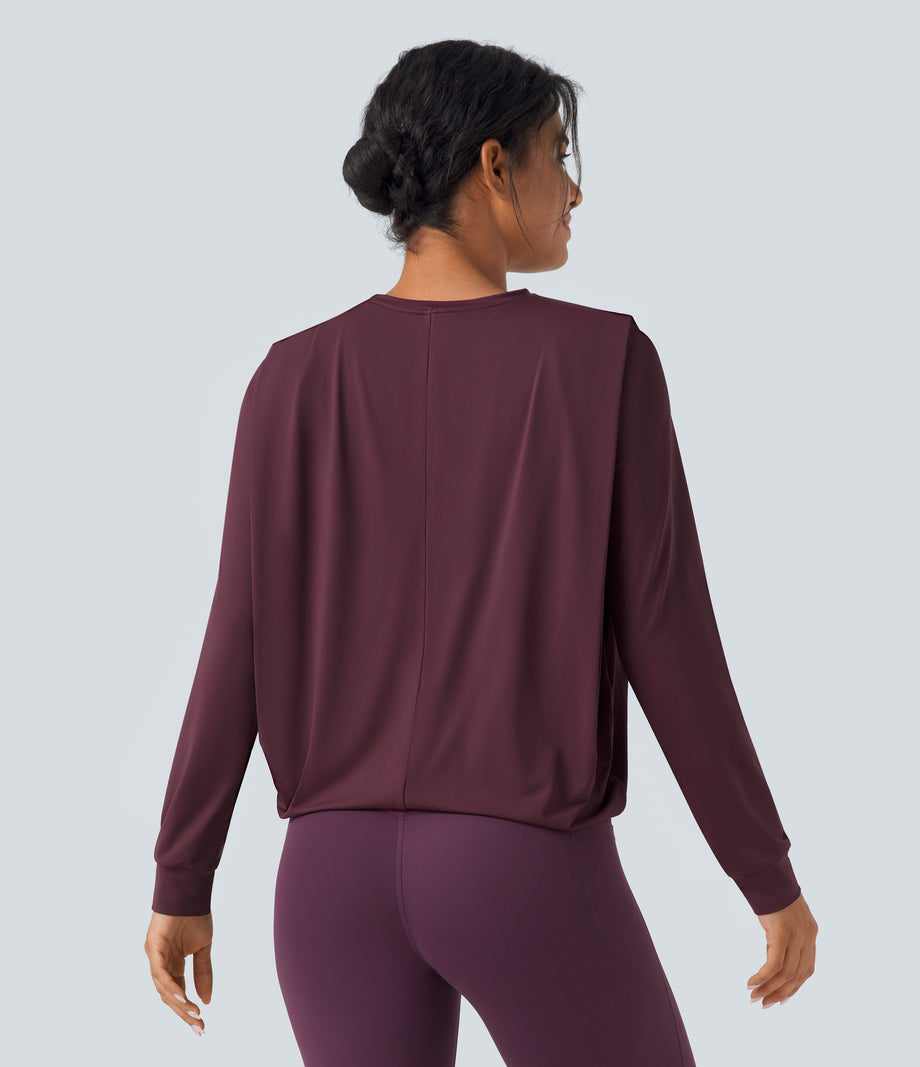 Round Neck Long Sleeve Ruched Yoga Sports Top-UPF50+ - Fig