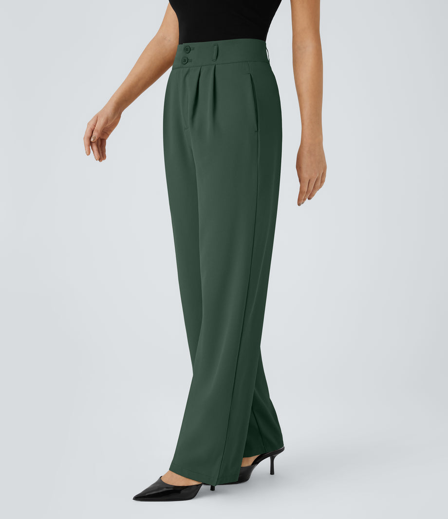 Halara Flex™ High Waisted Zipper Pocket Shirred Straight Leg Work Pants - Dark Green