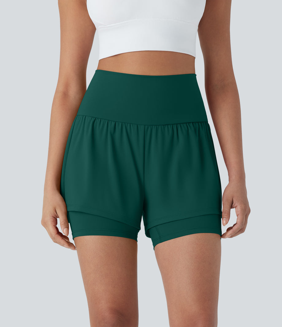 SoftlyZero™ Airy Super High Waisted 2-in-1 Cool Touch Yoga Shorts 5'' with Pockets - Forest Biome