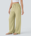High Waisted Drawstring Pocket Wide Leg Baggy Casual Linen-Feel Pants - Golden Mist