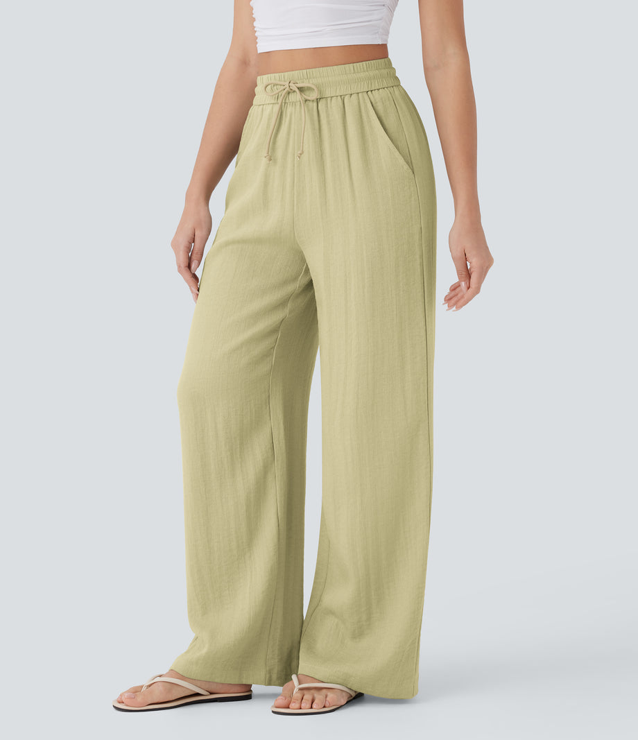 High Waisted Drawstring Pocket Wide Leg Baggy Casual Linen-Feel Pants - Golden Mist