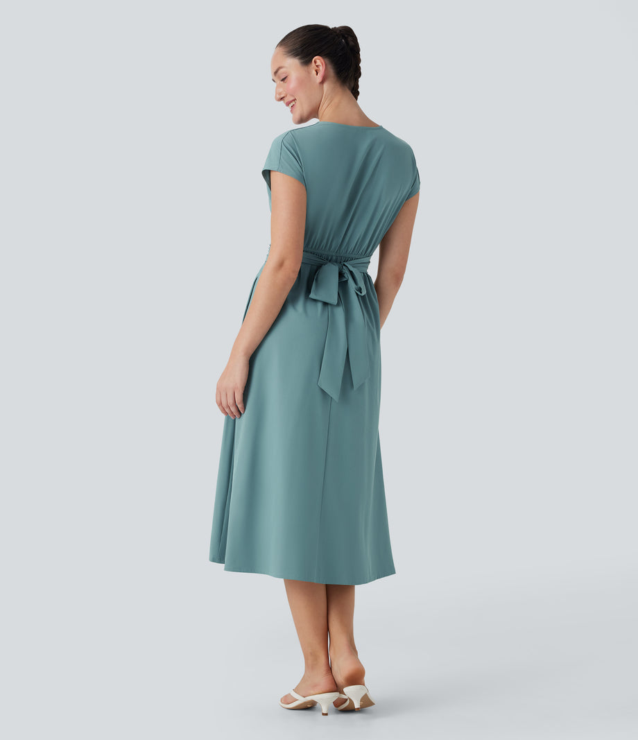 Breezeful™ V Neck Short Sleeve Pocket Tie Back Quick Dry Midi Casual Dress - Stone Blue
