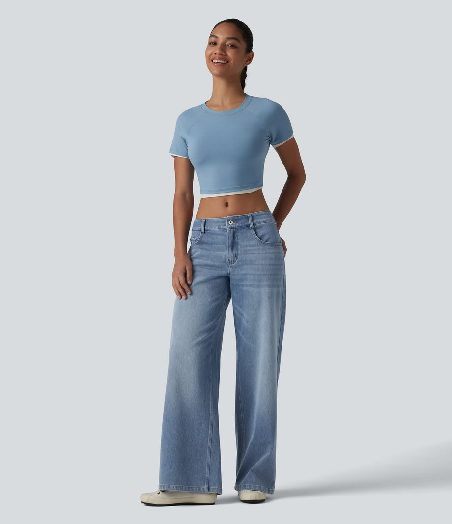Halara Flex™ Low Rise Zipper Pockets Washed Baggy Wide Leg Casual Jeans - Light Blue – Glacier Light Blue