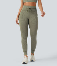 High Waisted Drawstring Striped Yoga Leggings with Pockets - Camo Olive Green