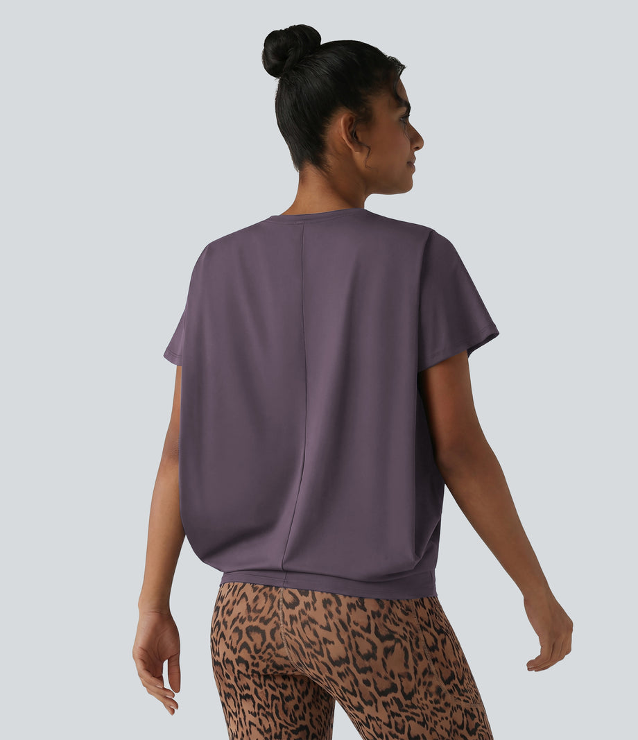 Round Neck Short Sleeve Ruched Cool Touch Yoga Sports Top-UPF50+ - Vintage Violet