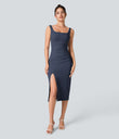 SoftlyZero™ Airy Square Neck Backless Corset Ruched Split Bodycon Midi Cool Touch Bridesmaid and Wedding Guest Dress - Mood Indigo