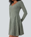 Ribbed Knit V Neck Long Sleeve Flare Mini Casual Dress with Pockets - Wrought Iron