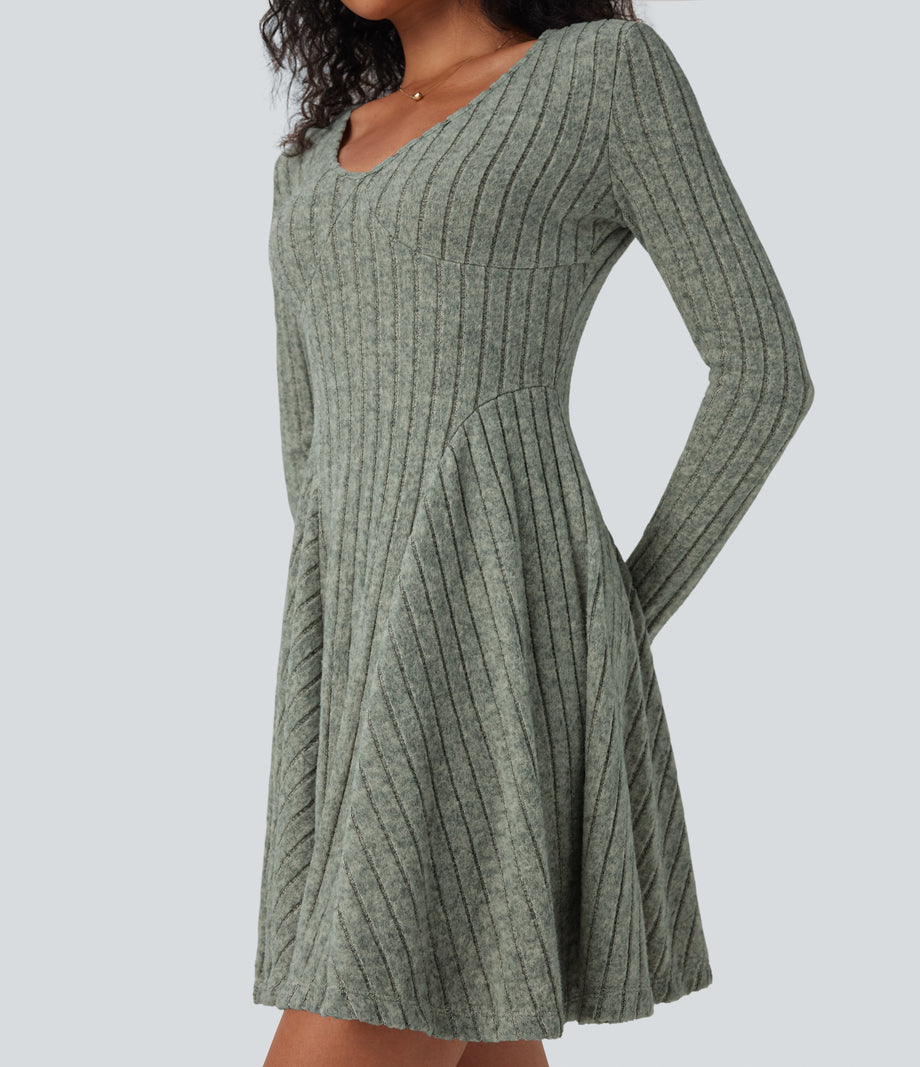 Ribbed Knit V Neck Long Sleeve Flare Mini Casual Dress with Pockets - Wrought Iron
