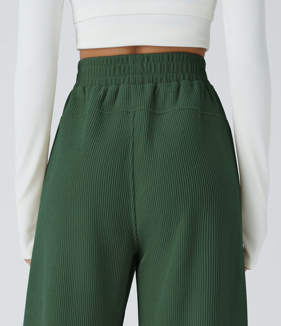 High Waisted Pocket Straight Leg Baggy Mop Corduroy Casual Pants - Greener Pastures