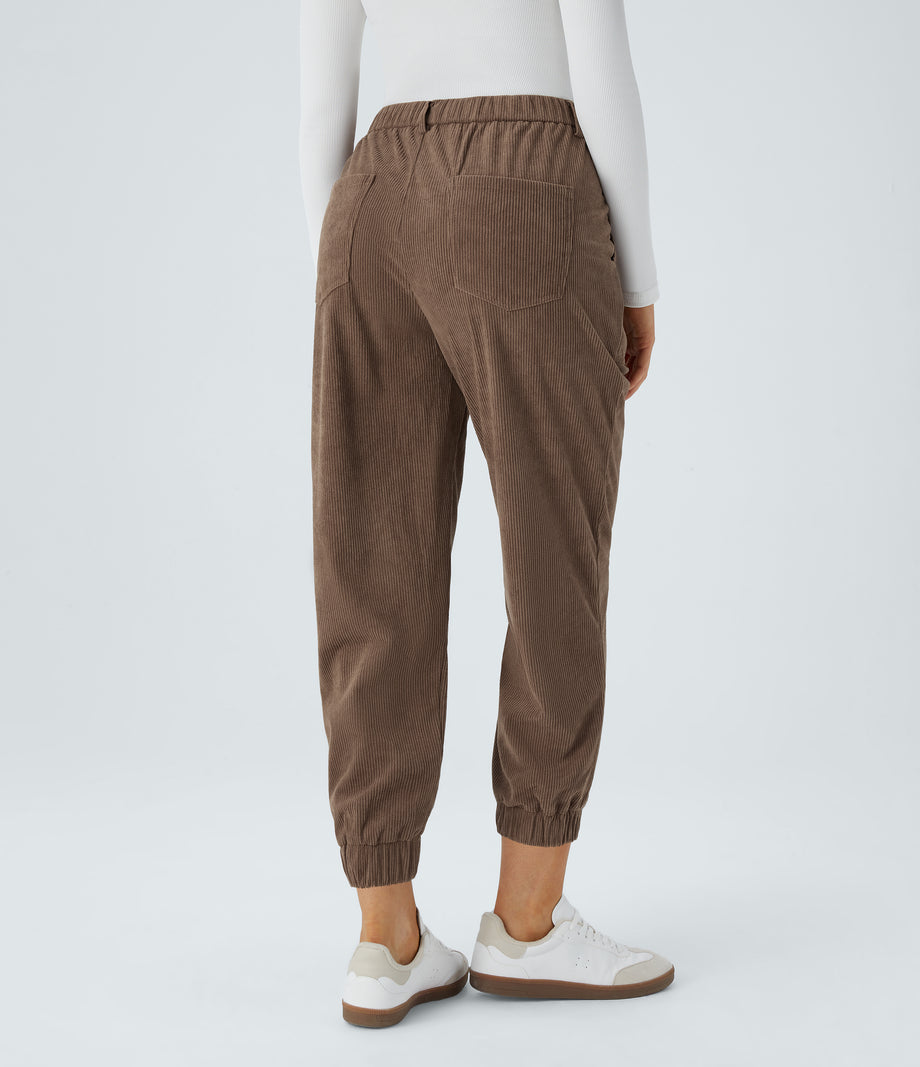 Mid Rise Zipper Pockets Corduroy Casual Joggers - Acorn