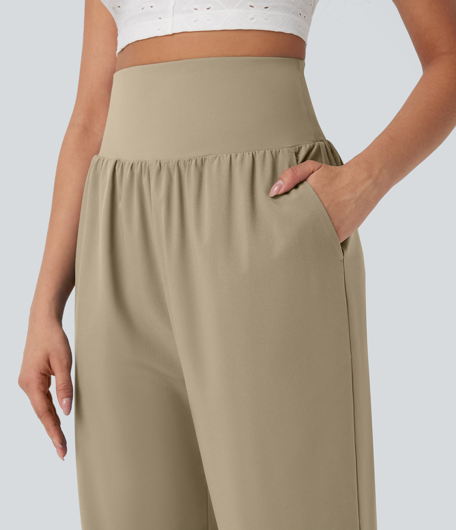 Breezeful™ High Waisted Tummy Control Hem Quick Dry Capri Pants with Pockets - Fields of Rye
