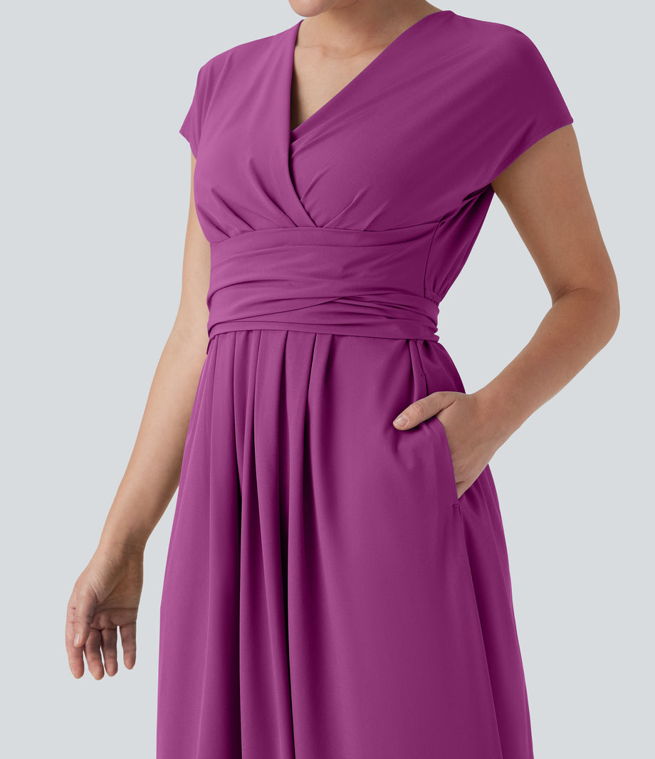 Breezeful™ V Neck Short Sleeve Pocket Tie Back Quick Dry Midi Casual Dress - Purple Wine