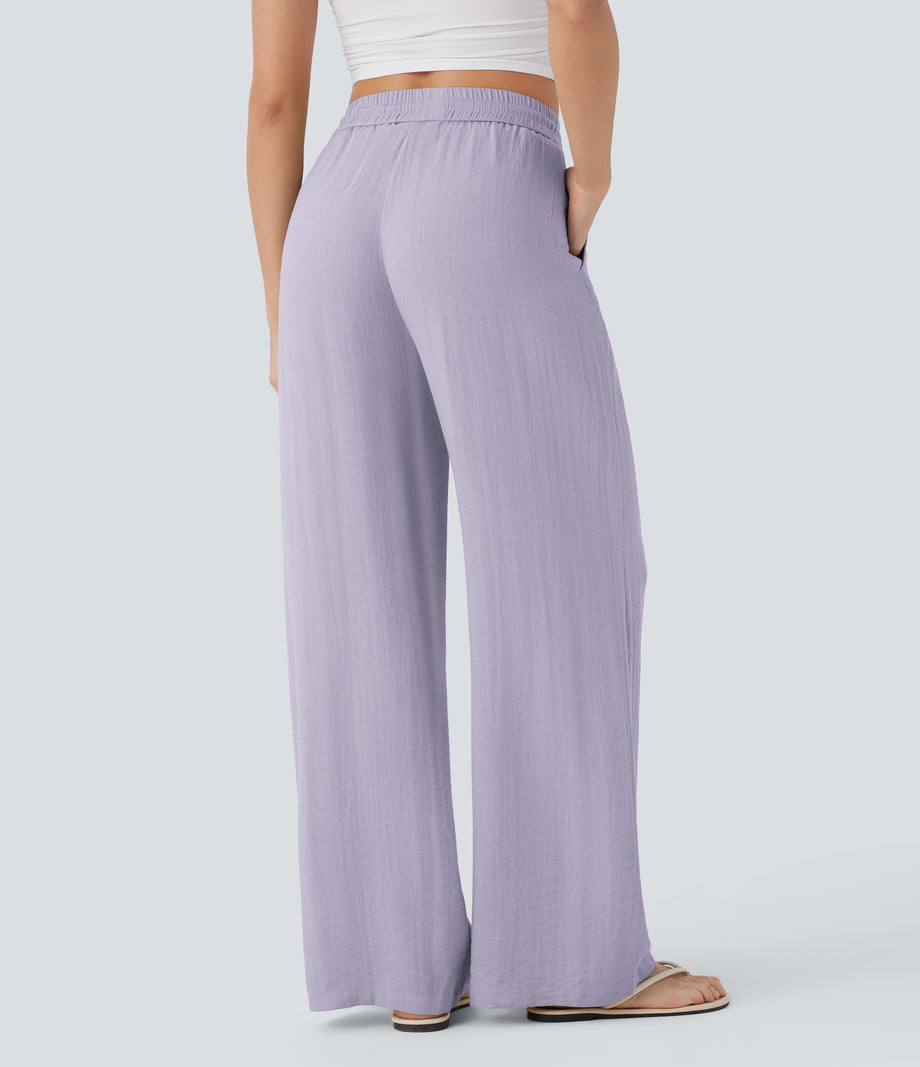 High Waisted Drawstring Pocket Wide Leg Baggy Casual Linen-Feel Pants - Wanderlust - Lilac