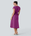 Breezeful™ V Neck Short Sleeve Pocket Tie Back Quick Dry Midi Casual Dress - Purple Wine
