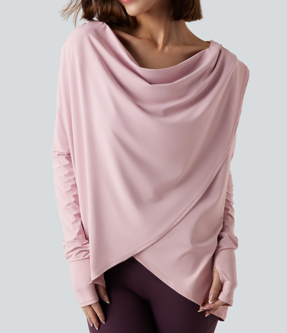 Hooded Cowl Neck Long Sleeve Thumb Hole Yoga Sports Top with Pockets - Pale Lilac
