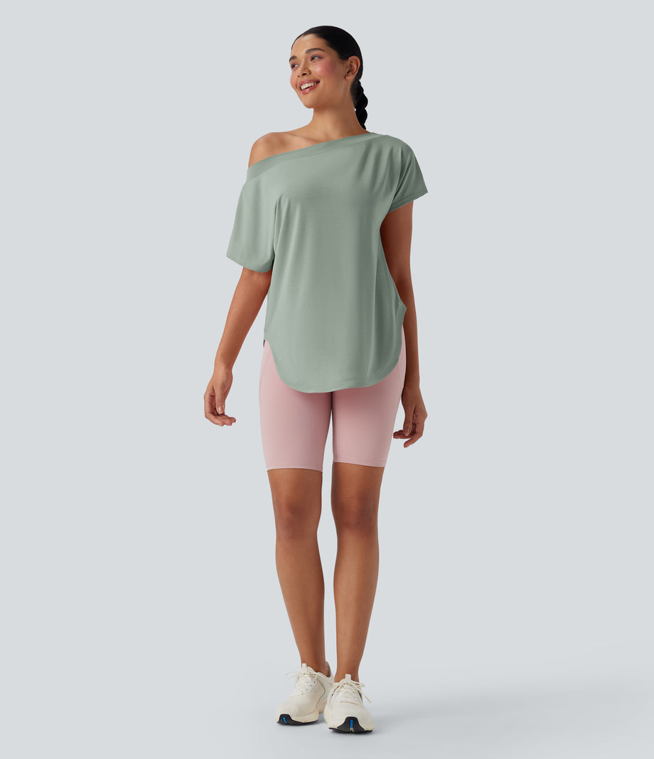One Shoulder Short Sleeve Curved Hem High Low Quick Dry Yoga Sports Top - Iceberg Green